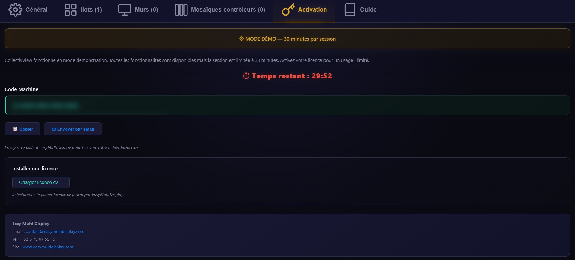 Onglet Activation de CollectivView : bandeau du mode demo avec le temps restant, le code machine avec les boutons Copier et Envoyer par email, et le bouton Charger licence.cv
